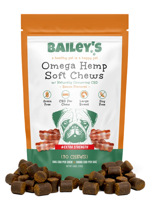 Extra Strength Omega Hemp Soft Chews Large Breed 30 Count Bag with 6MG CBD Per Chew